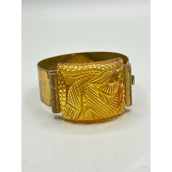 Vtg French Prystal Bakelite Carved Fish Bracelet Hinged Wide Brass Band Art Deco - Picture 2 of 13